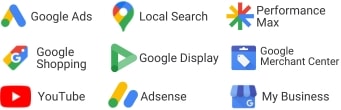 Icone degli strumenti pubblicitari Google in cui siamo specializzati e che utilizziamo nella consulenza Google Ads: Google Ads, Local Search, Performance Max, Google Shopping Google Display, Google Merchant Center, YouTube, Adsense, Google My Business