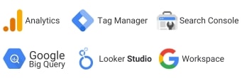 Icone degli strumenti di misurazione Google in cui siamo specializzati e che utilizziamo nella consulenza Google Ads: Google Analytics, BigQuery, Search Console, Looker Studio, GA4, Google Tag Manager, Google WorkSpace