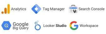 le icone dei principali strumenti di analisi dei dati in cui siamo specializzati e che utilizziamo come esperti SEO: Google Analytics, BigQuery, Search Console, Looker Studio, GA4, Google Tag Manager, Google WorkSpace