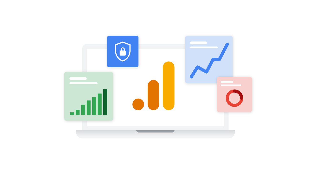 Illustrazione grafica su Google Analytics 4 (GA4) che illustra il monitoraggio dei dati, la sicurezza dei tracciamenti e l'analisi dei trend di crescita per siti web gestiti da Monkey's Web