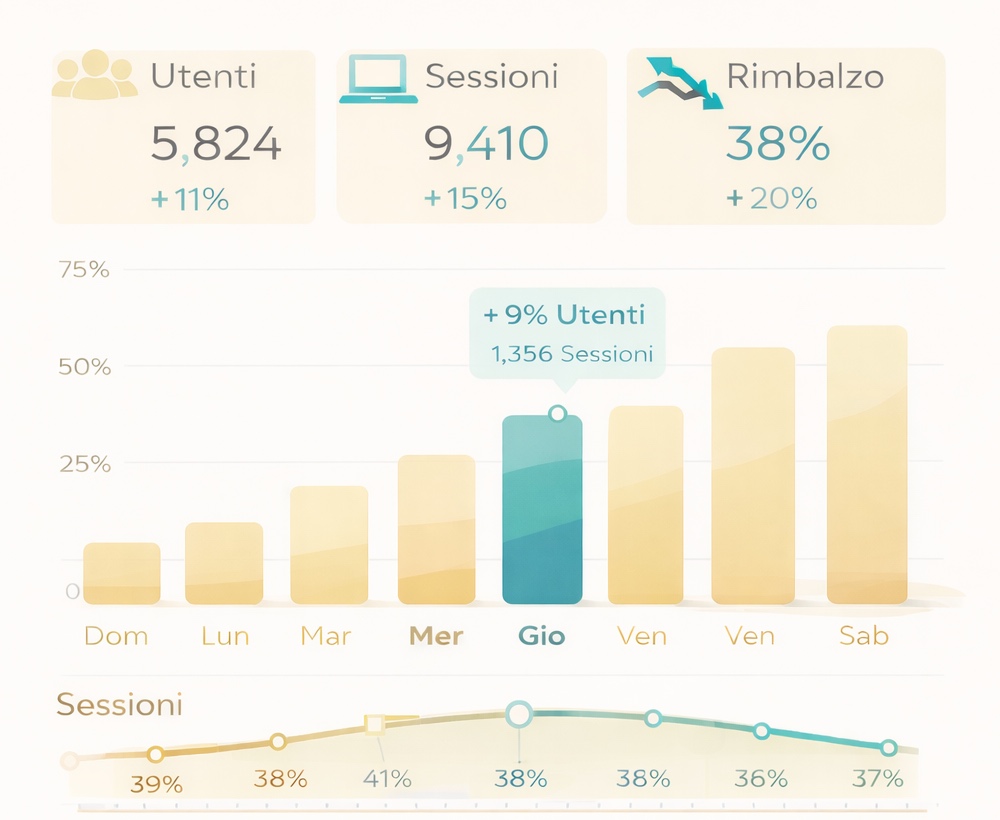 Illustrazione con esempio di dashboard di Google Analytics 4 (GA4) gestita da Monkey's Web: il report mostra 5.824 utenti (+11%) e 9.410 sessioni (+15%) con un'analisi dettagliata del tasso di rimbalzo